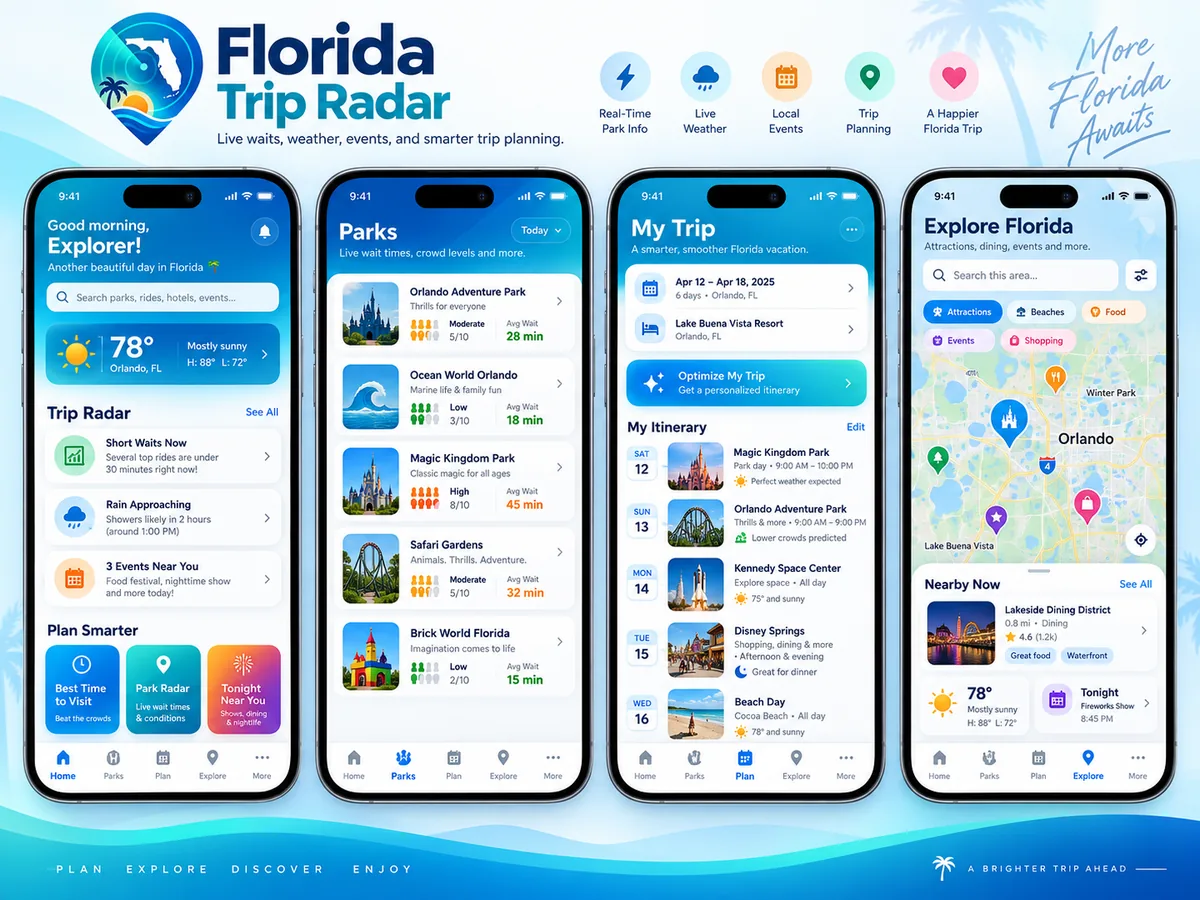 Florida Trip Radar mobile app screens showing trip planning, parks and local exploration